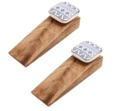 2 Pieces Blue Border Design Square Ceramic Wooden Door Stoper